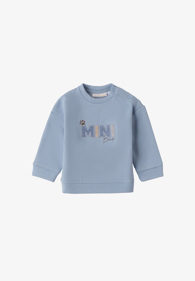 Felpa per bambini di colore azzurro chiaro in morbido tessuto, con colletto rotondo, maniche lunghe e la scritta "MINI Banda" ricamata con texture varie.