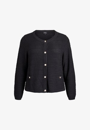 Pletený černý cardigan s texturovaným vzorem, výstřihem do V, zapínáním na knoflíky a dvěma předními kapsami se zlatými detaily.