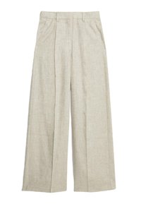 Pantaloni larghi in lino beige con frontale plissettato, caratterizzati da una vita alta e linee pulite, perfetti per un comfort traspirante.