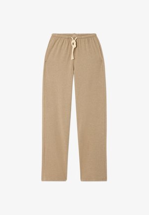 Beige straight-leg sweatpants with an elastic waistband and cream-colored drawstring, featuring side pockets.