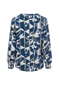 Long-sleeve shirt featuring a blue, white, and yellow abstract pattern. Made of a soft fabric, with a rounded neckline and gathered sleeves.