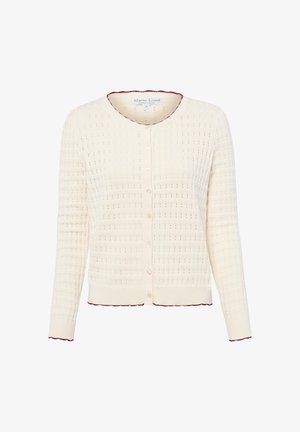 Crèmekleurige gebreide cardigan met knopen, lange mouwen, patroon met kleine gaten en donkerrode afwerking op kraag, manchetten en zoom.