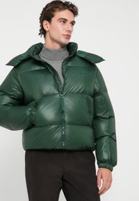 Zaļa pūkaina jaka ar spīdīgu apdari, ar rāvējslēdzēju, augstu apkakli un elastīgiem aprocēm. Valkāta pār pieguļošu pelēku turtleneck.