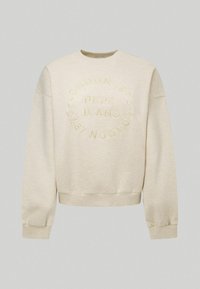Beige katoenen sweatshirt met reliëf logo "Pepe Jeans London 1973". Heeft een ronde hals en ribgebreide mouwen. Zachte textuur, relaxte pasvorm.