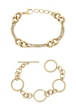 Brățări aurii cu zale ovale și rotunde, având suprafețe texturate și netede, închideri cu carabină și diferite stiluri de lanț.