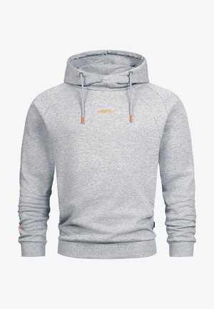 Hanorac gri deschis cu glugă, buzunar frontal, șnururi și text mic portocaliu „ICONIC EXPERIENCE” pe piept.