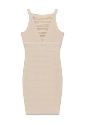 Vestito aderente beige senza maniche con strisce orizzontali in stile fasciatura, scollo a V profondo con aperture orizzontali sulla parte superiore del petto.