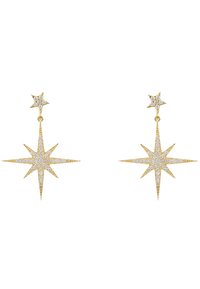 Guldtonade stjärnformade örhängen med en toppstjärna som har glittrande detaljer och en stor stjärna nedanför, båda prydda med klara, skimrande stenar.