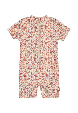 Kurzärmliger Baby-Strampler mit Reißverschluss vorne, bedeckt mit kleinem roten, orangefarbenen und grünen Blumenmuster auf weißem Hintergrund.