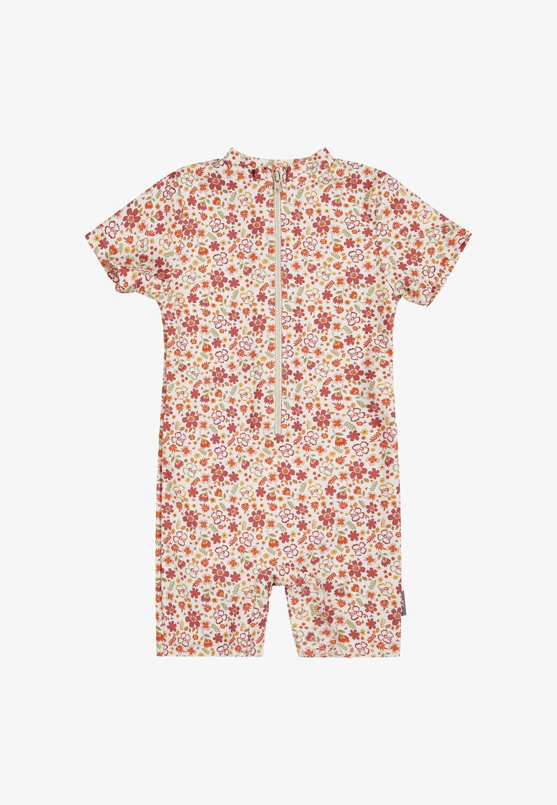 Short-sleeve baby romper with front zipper, covered in small red, orange, and green floral print on a white background.