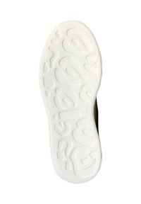 Semelle de chaussure ; caoutchouc blanc avec motif de grip texturé ; forme arrondie ; conçue pour la traction et la stabilité ; bords plats et lisses.
