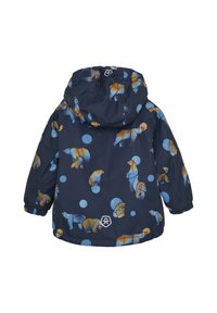 Giacca impermeabile in blu navy. Presenta un motivo con orsi e cerchi, polsini elasticizzati e cappuccio. Realizzata in materiale sintetico morbido.