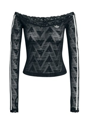 Sort, langærmet top med bare skuldre med blondestrimler, zigzagmønster og hvide sidelommer. Fremstillet af et let, gennemsigtigt materiale.