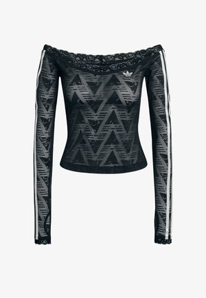 Black, off-the-shoulder long-sleeve top featuring lace trim, zigzag pattern, and white side stripes. Made from a lightweight, sheer material.