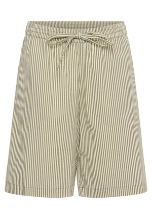 Bež kratke hlače s tankim vertikalnim prugama, koje imaju elastičnu traku u struku s vezicom za podešavanje. Lagani pamuk.