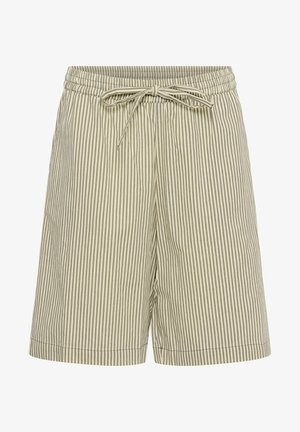 Shorts beiges avec de fines rayures verticales, dotés d'une taille élastique avec un cordon de serrage pour un ajustement. Tissu en coton léger.