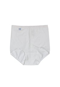 Slip in cotone bianco con una texture liscia, fascia elastica in vita e un piccolo etichetta blu. Design classico a vita alta per comfort e copertura.