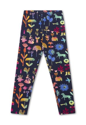 Marine leggings met een kleurrijk, speels patroon van dieren, bloemen en objecten, gemaakt van zachte, rekbare stof.