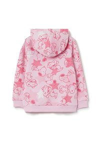 Sudadera rosa con un estampado integral de personajes de dibujos animados y estrellas, hecha de un tejido suave con una capucha acogedora y puños acanalados.