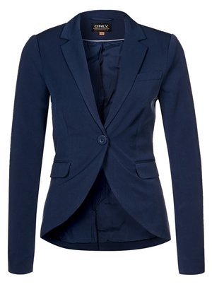 Blazer femme bleu marine cintré avec fermeture à un bouton, col à revers cranté, deux poches avant à rabat et une poche poitrine passepoilée.