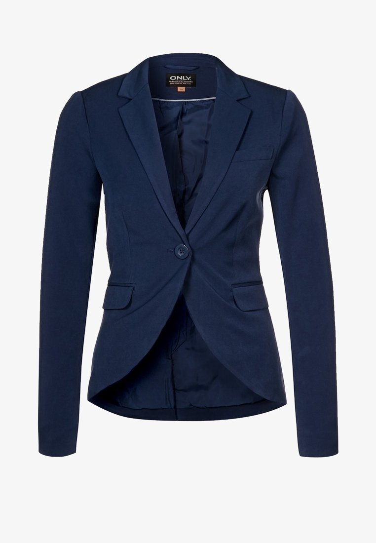 Blazer femme bleu marine cintré avec fermeture à un bouton, col à revers cranté, deux poches avant à rabat et une poche poitrine passepoilée.