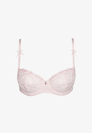 Hellrosa Bügel-BH mit bestickten Blumenmustern, Satinschulterriemen mit Schleifen und einem kleinen dekorativen Akzent in der Mitte.