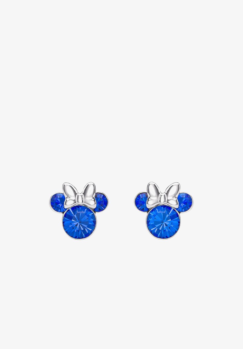 Boucles d'oreilles en cristal bleu en forme de Mickey Mouse avec un accent en nœud argenté et plusieurs petites pierres bleues. Design rond et facetté.