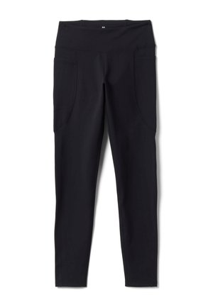 Leggings negros de talle alto con bolsillos laterales, tejido suave y un pequeño logo en el centro de la cinturilla.