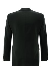 Schwarze, maßgeschneiderte Anzugjacke von hinten gezeigt mit langen Ärmeln und einer zentralen Naht vor weißem Hintergrund.