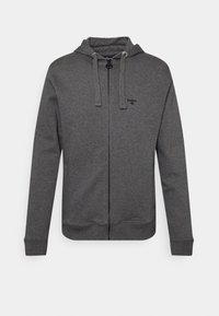 Tmavě šedá mikina na zip s kapucí, tkaničkami a malým vyšitým logem Barbour na levé hrudi, dlouhé rukávy a žebrované manžety a lem.