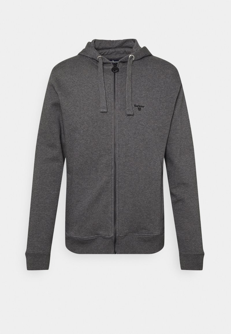 Tmavě šedá mikina na zip s kapucí, tkaničkami a malým vyšitým logem Barbour na levé hrudi, dlouhé rukávy a žebrované manžety a lem.