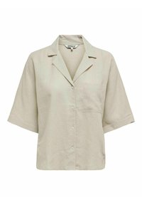 Lys beige kortærmet skjorte med krave, brystlomme, afslappet pasform og knaplukning. Fremstillet af et struktureret stof.