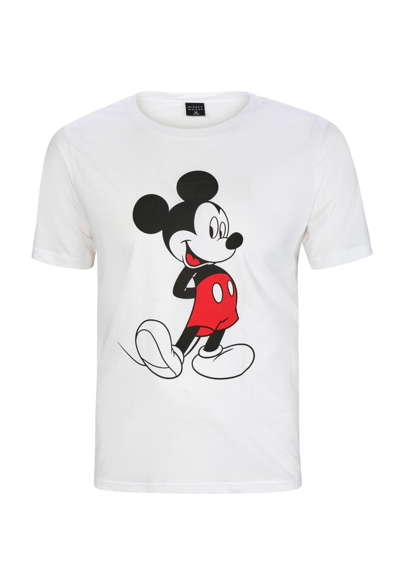 Camiseta blanca de algodón con un gráfico de un personaje de dibujos animados con contornos negros y pantalones cortos rojos, sonriendo y caminando, con zapatos grandes.