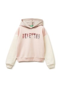 Světle růžová mikina s bílými rukávy, vybavená šedou kapucí. Na přední straně je nápis "BENETTON" ve stříbrných a červených flitrech. Měkký materiál z bavlněné směsi.