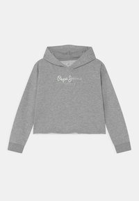 Szara krótka bluza z kapturem, wykonana z miękkiego materiału, z logo na froncie w błyszczącym stylu. Posiada klasyczny kaptur i długie rękawy.