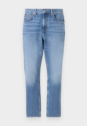 Lyseblå denim jeans med lige ben-design. Har fem lommer, en frontknaplukning og let falmning på lårene.