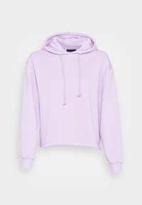 Lila kortärmad hoodie i mjukt tyg, med dragskor i huvan och långa ärmar med ribbade manschetter.