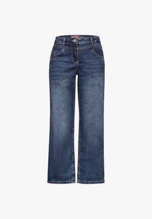 Jeans en denim bleu foncé avec une coupe large, comprenant cinq poches, une fermeture à bouton et à glissière. Texture lisse avec des dégradés subtils.