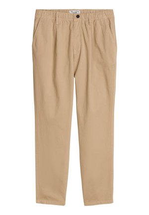 Beige casual broek met elastische taille, voorzakken, knoopsluiting en rechte pijpen voor mannen of vrouwen.