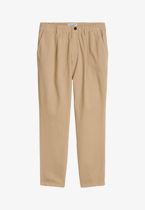 Beige casual broek met elastische taille, voorzakken, knoopsluiting en rechte pijpen voor mannen of vrouwen.