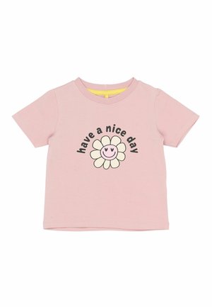 Różowa bawełniana koszulka z krótkim rękawem i okrągłym dekoltem. Zawiera grafikę uśmiechniętego kwiatka oraz napis "miłego dnia".