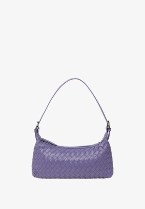 Purple woven leather handbag with a curved shape, slim shoulder strap, and a zipper closure. Texture features a braided design.