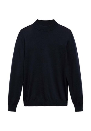 Black long-sleeve sweater with a mock neck collar, ribbed cuffs, and hem, displayed against a white background.