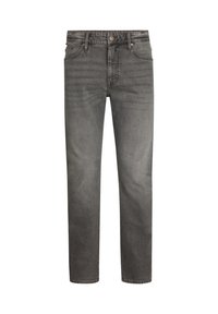 Jeans din denim gri cu o croiala dreaptă, având un design cu cinci buzunare, închidere cu nasture și ușoare decolorări pentru textură.