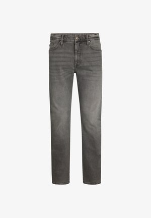 Jeans in denim grigio con taglio dritto, caratterizzati da un design a cinque tasche, chiusura con bottone e leggera sbiaditura per texture.