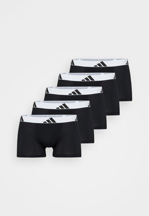 Black boxer briefs with white elastic waistband featuring black stripes. Five pairs displayed in a row, made from soft fabric.
