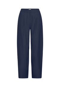 Tumesinised laia lahmakaga püksid tekstuuriga kangast, millel on lame esiosa plisseeringutega, kõrge vöökoht ja sirge lõige kuni pahkluudeni.