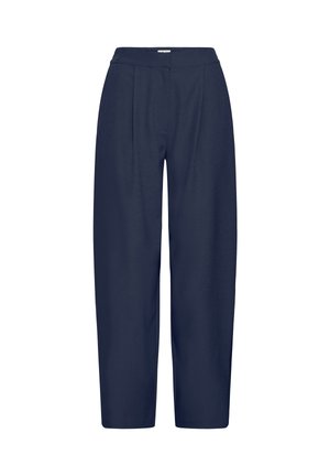 Marineblauwe wijde broek met een gestructureerde stof, voorzien van een platte voorkant met plooien, een hoge taille en een rechte snit tot aan de enkels.