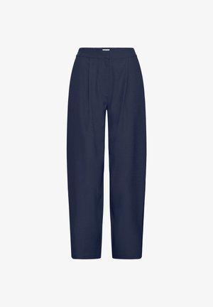 Marineblauwe wijde broek met een gestructureerde stof, voorzien van een platte voorkant met plooien, een hoge taille en een rechte snit tot aan de enkels.