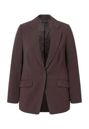 Blazer marron au design ajusté, avec un revers en notch, une fermeture à bouton unique et deux poches avant. Texture lisse et coupe classique.